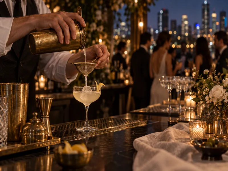 Bartender making a cocktail at an evening wedding reception