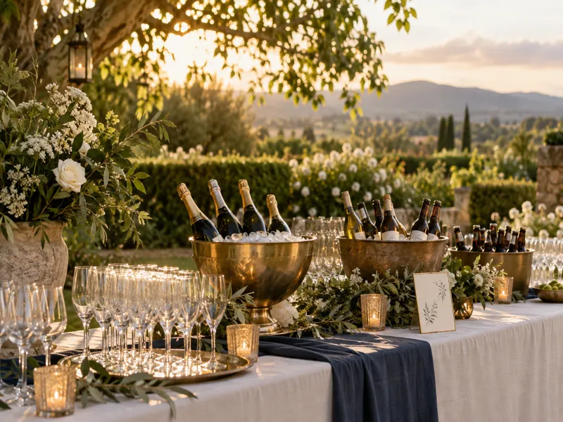 Wedding drinks arranged on a table in a garden setting