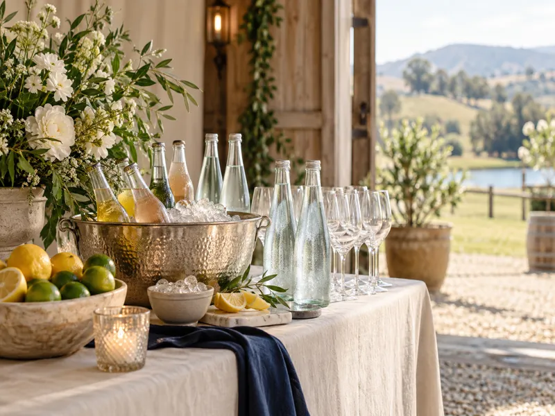 Non-alcoholic drinks and glassware at a countryside wedding